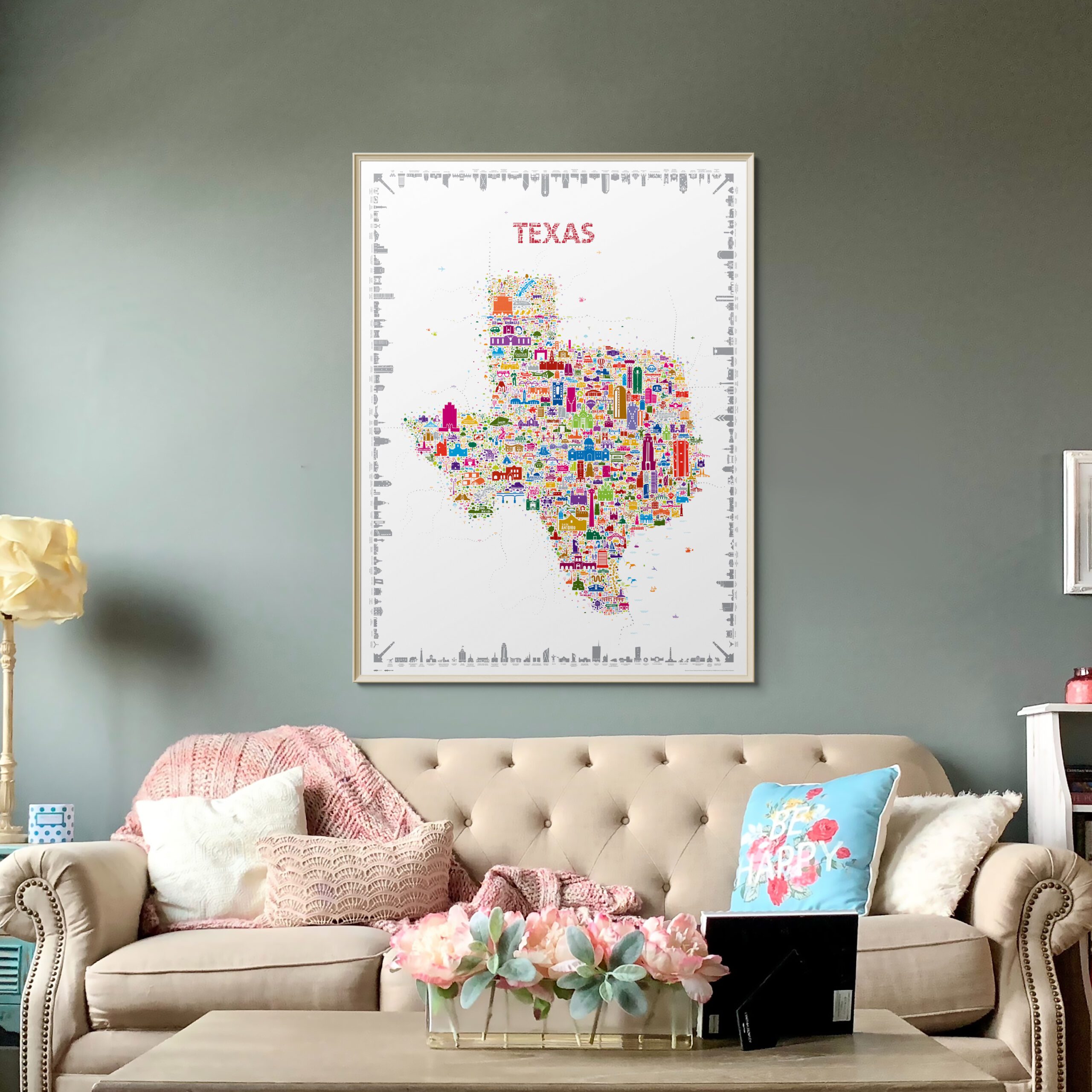 iconic poster map wall art print of the state of texas for living room kitchen bedroom hallway home office artwork decor TX lone star