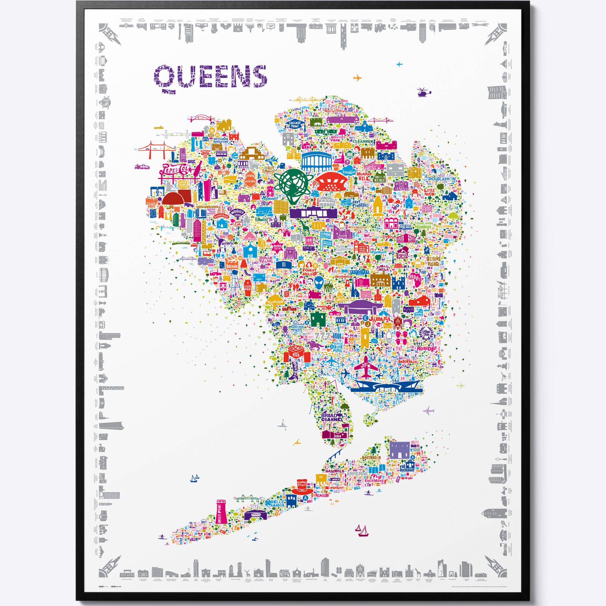 Alfalfa NY Iconic Queens Poster Artwork for Home Walls Trendy Designer Wall Art of Colorful NYC Map Neighborhood City Fashion Decor Vintage Travel Posters Glam Maps Gift Souvenir Paper Prints for Artistic Signature Office Apartment Lobby Farmhouse