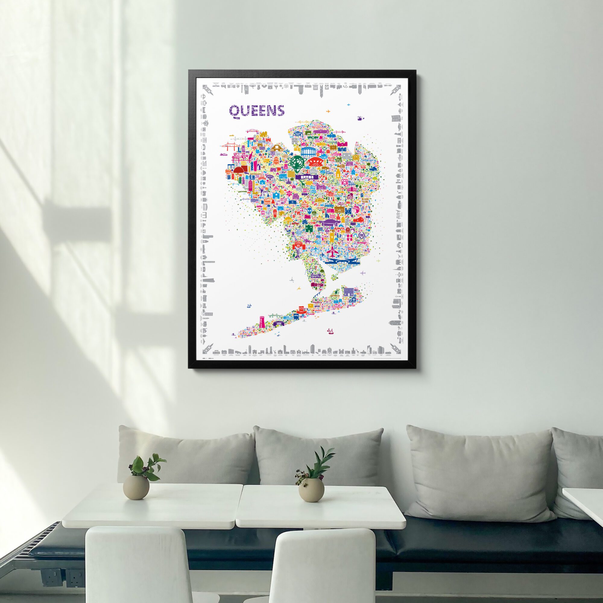 Alfalfa NY Iconic Queens Travel Poster Style Wall Art Print Hipster Vintage Style Home and Apartment Dorm Decor Room Decorations Sleek Modern Map for New Yorker NYC New York Cool Borough Big Apple Fans Aesthetic for Office Living Room Bedroom Kitchen