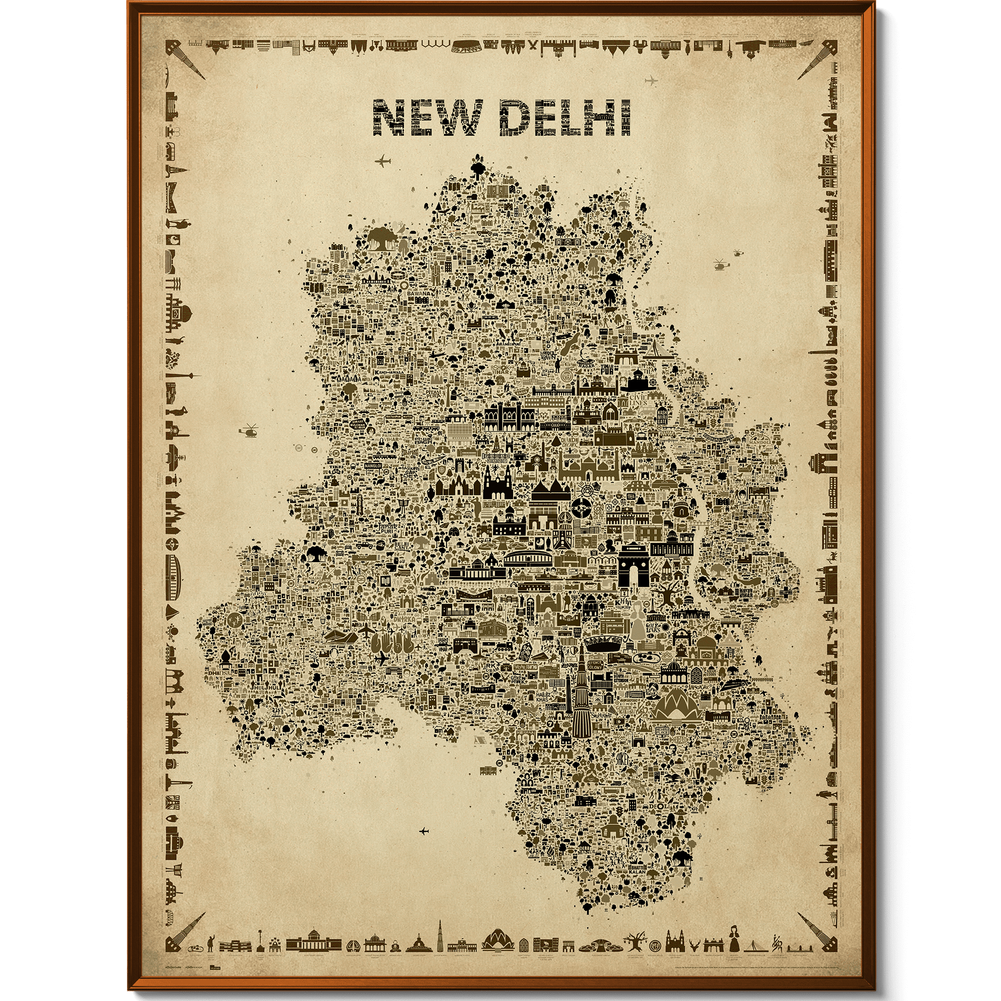 Iconic New Delhi Wall Art Poster – Antique Color Palette – Art Print Map of Indian Capital for Home living room dorm kitchen foyer farmhouse or Office Décor | Retro vintage style sepia tone