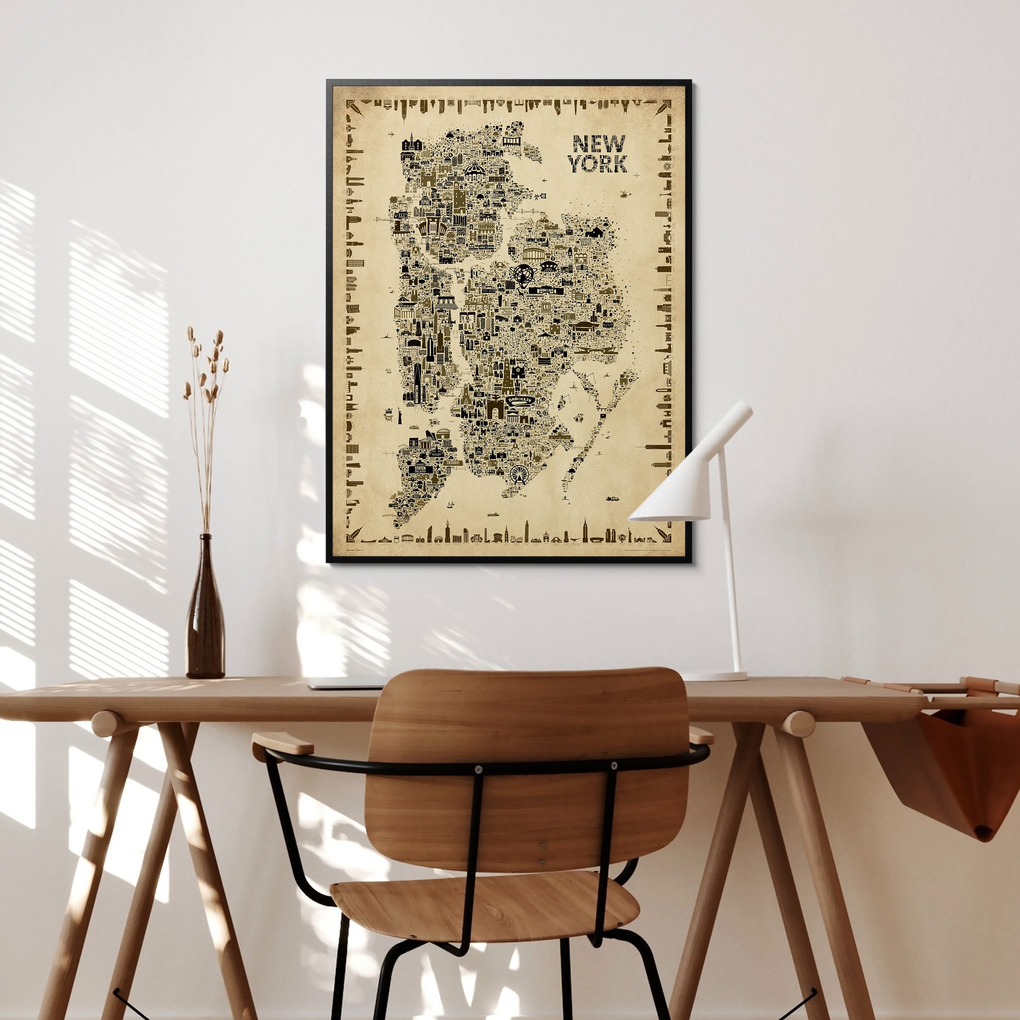 Map wall art print of the five boroughs of New York City in vintage retro antique style featuring Manhattan, The Bronx, Queens, Brooklyn and Staten Island. NYC artwork perfect gift for home office in unique sepia tones printing