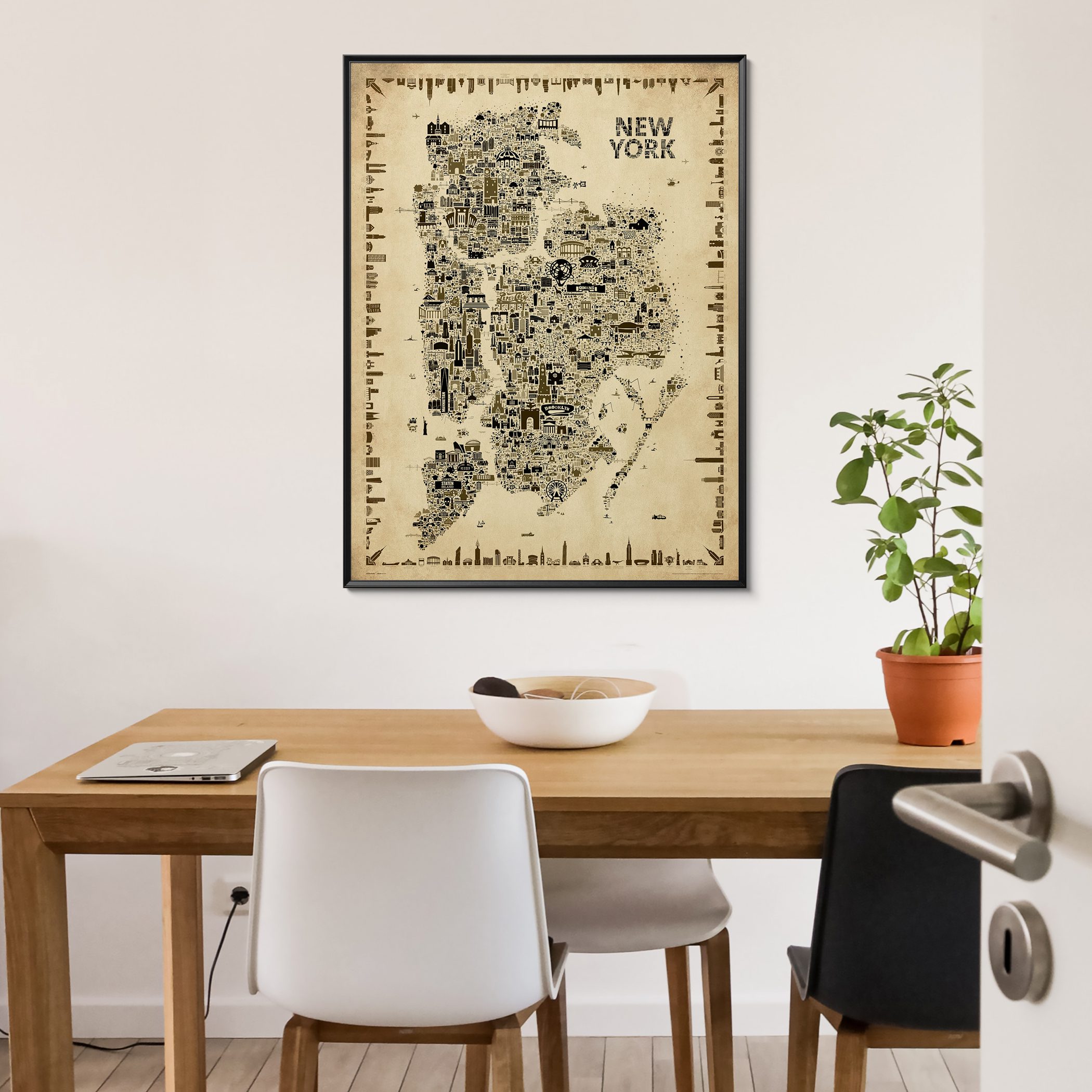 Map wall art print of the five boroughs of New York City in vintage retro antique style featuring Manhattan, The Bronx, Queens, Brooklyn and Staten Island. NYC Decor for kitchen and dining room