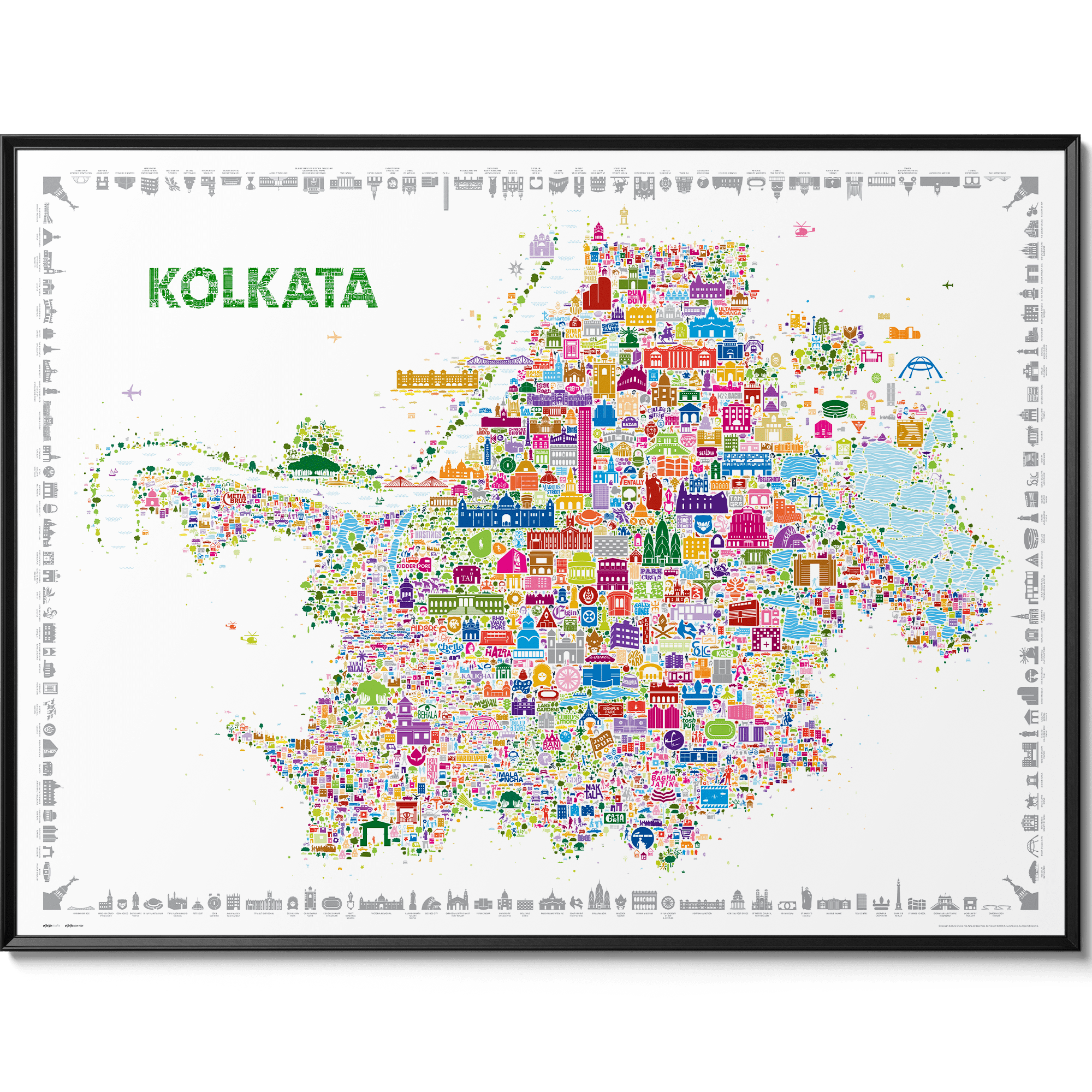 Iconic Kolkata Colorful Poster – Calcutta India City of Joy Souvenir Designer Map Art Gallery Print for Home bedroom teen room dorm or Office Décor | Modern Unique Wall Art Artwork