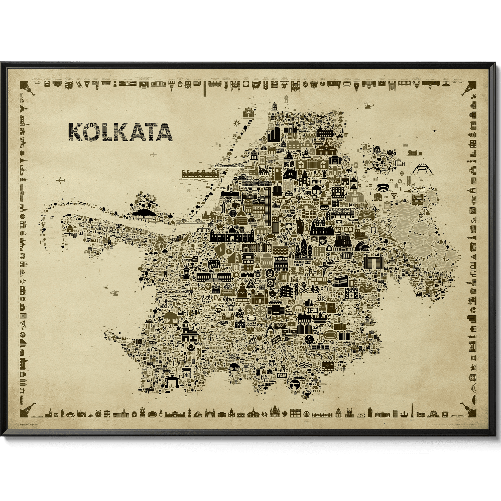 Iconic Kolkata Wall Art Gallery Poster – Vintage Antique Sepia Special Ed. – Retro Artistic Print Map of City of Joy for Home bedroom living room or Office Room Décor | Gift Calcutta India