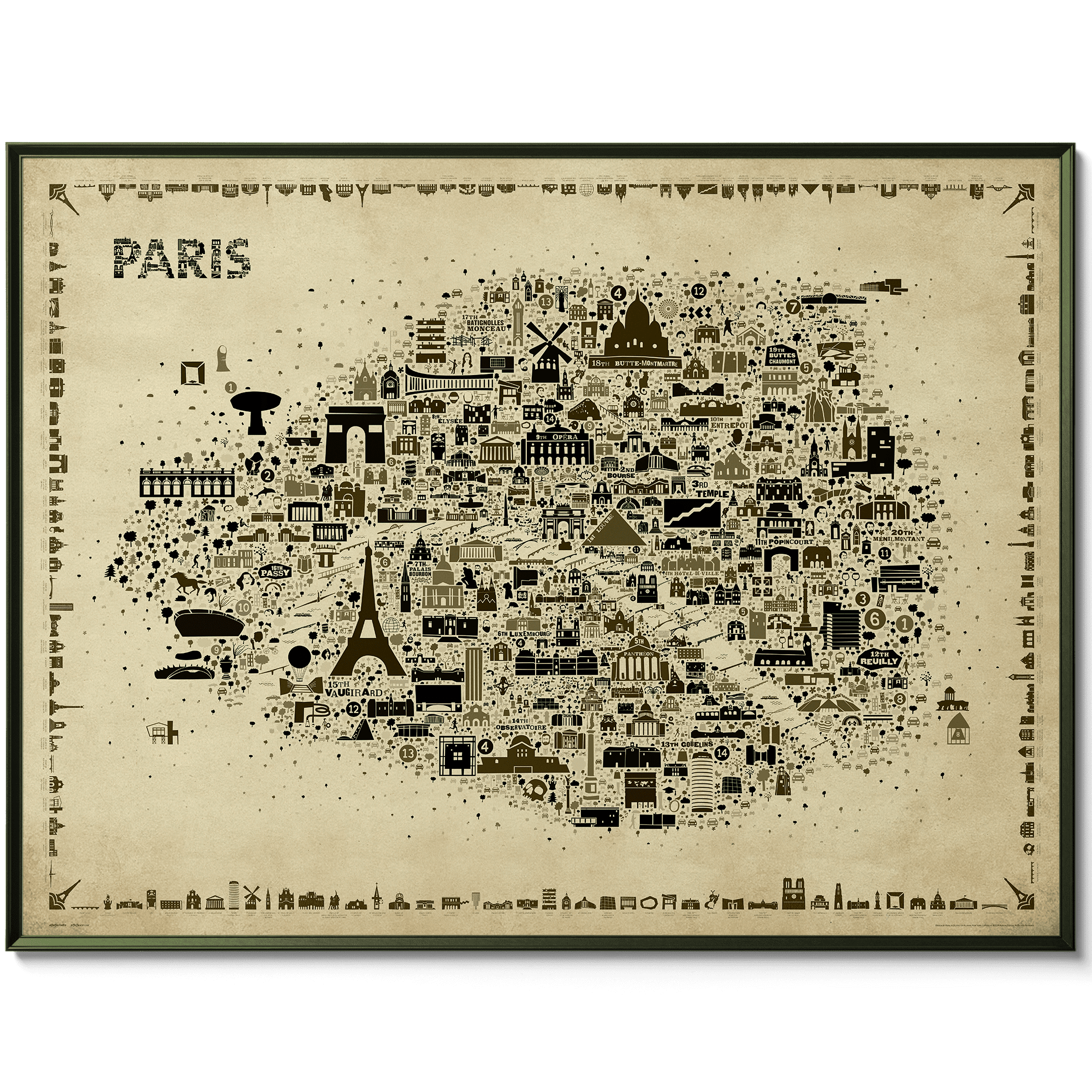 Iconic Paris Wall Art Poster — Vintage Sepia Edition | Retro Antique Print Map of French Capital for Home Office living room kitchen farmhouse Décor | Gift Designer Artwork
