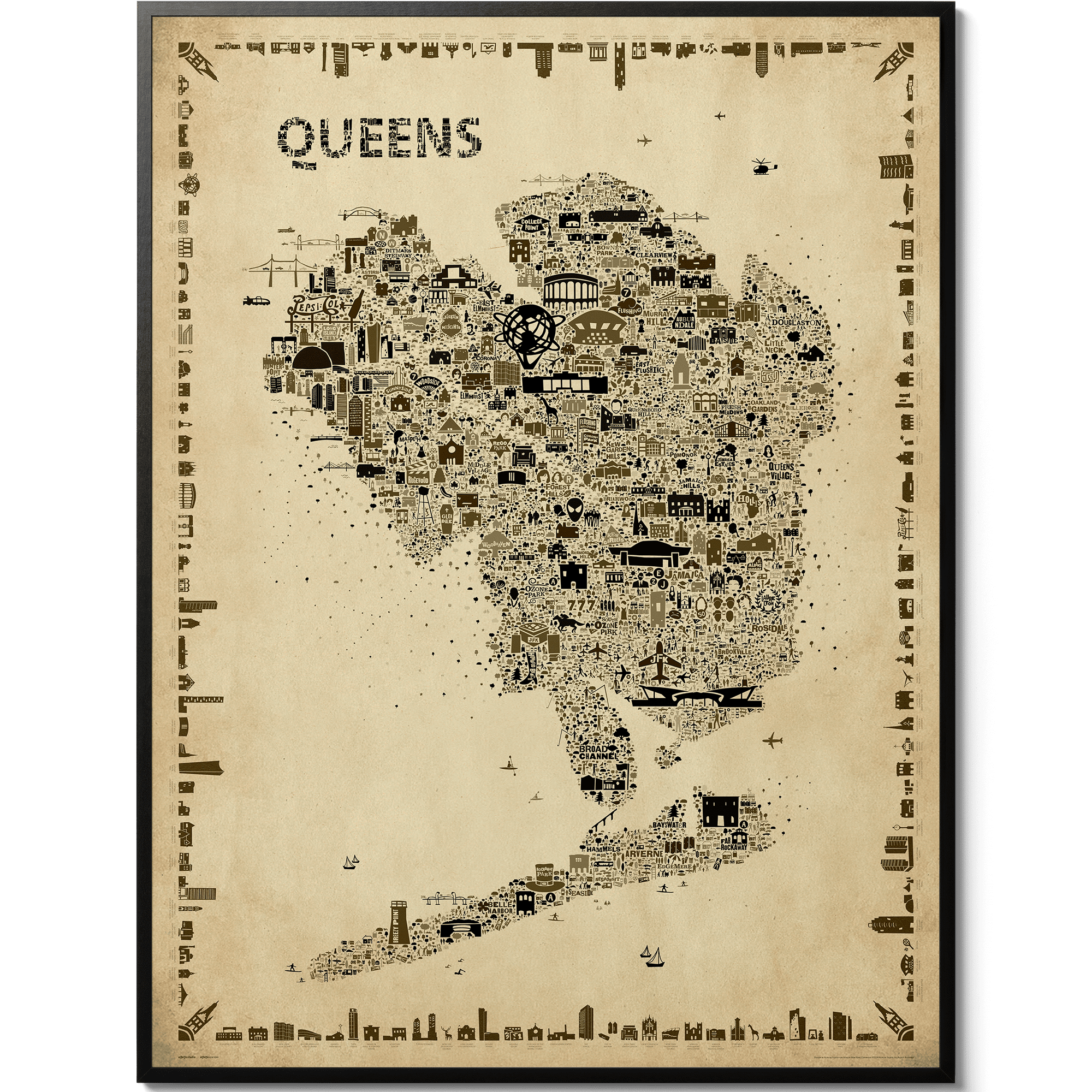Iconic Queens Wall Art Poster – Antique Sepia Edition – Artwork Print Vintage Map of Queens NYC for Home or Office Décor | Retro NYC NY Gift