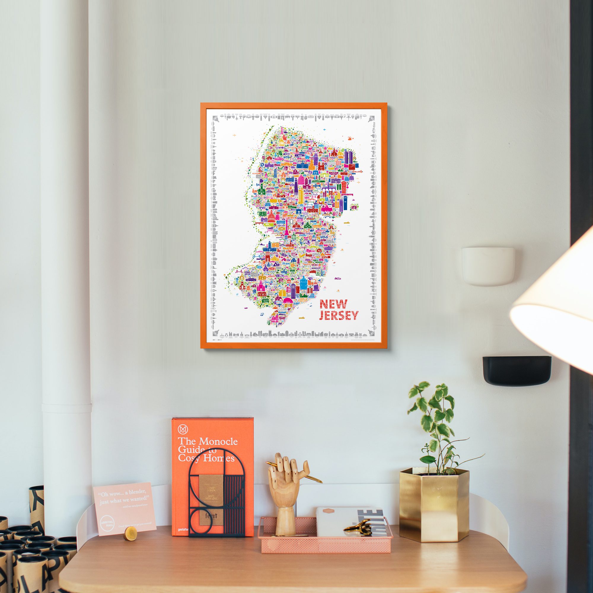 Iconic New Jersey colorful Wall Art Poster – Art Print Map of NJ for Home living room dorm kitchen entryway kids room bedroom or Office Wall Décor – Colorful Garden State Landmarks and Legends