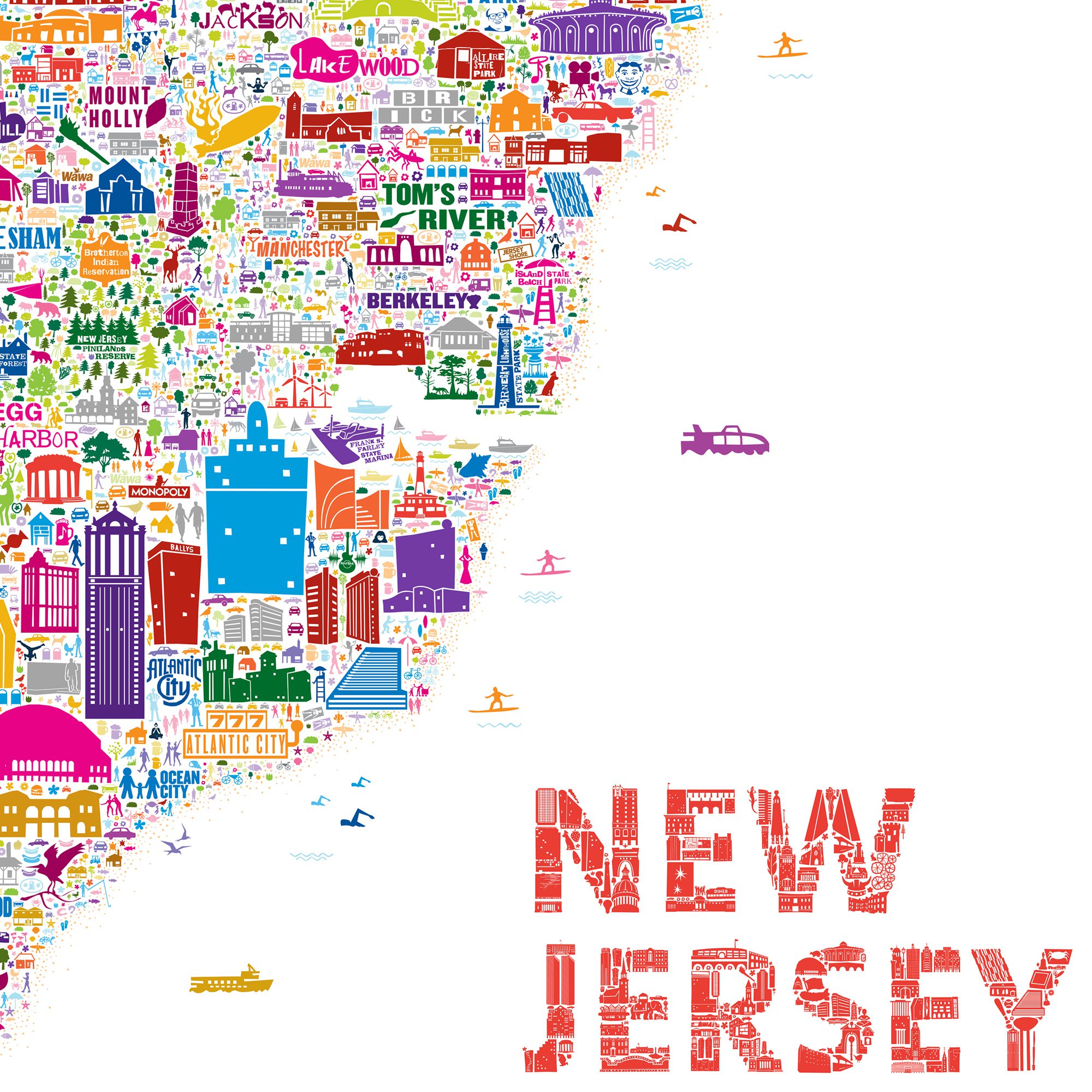 Iconic New Jersey colorful Wall Art Poster – Art Print Map of NJ for Home living room dorm kitchen entryway kids room foyer bedroom bathroom or Office Wall Décor – Colorful Garden State Landmarks and Legends