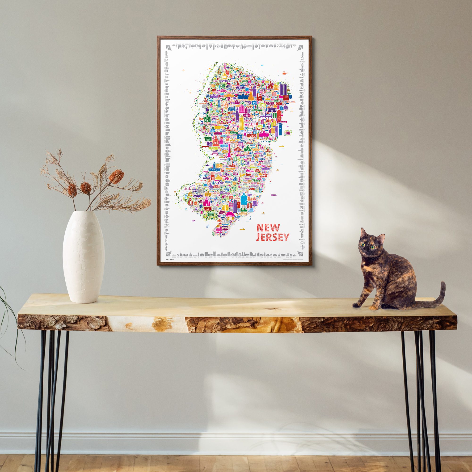 Iconic New Jersey Wall Art Poster – Art Print Map of NJ for Home or Office Wall Décor – Colorful Garden State Landmarks and Legends