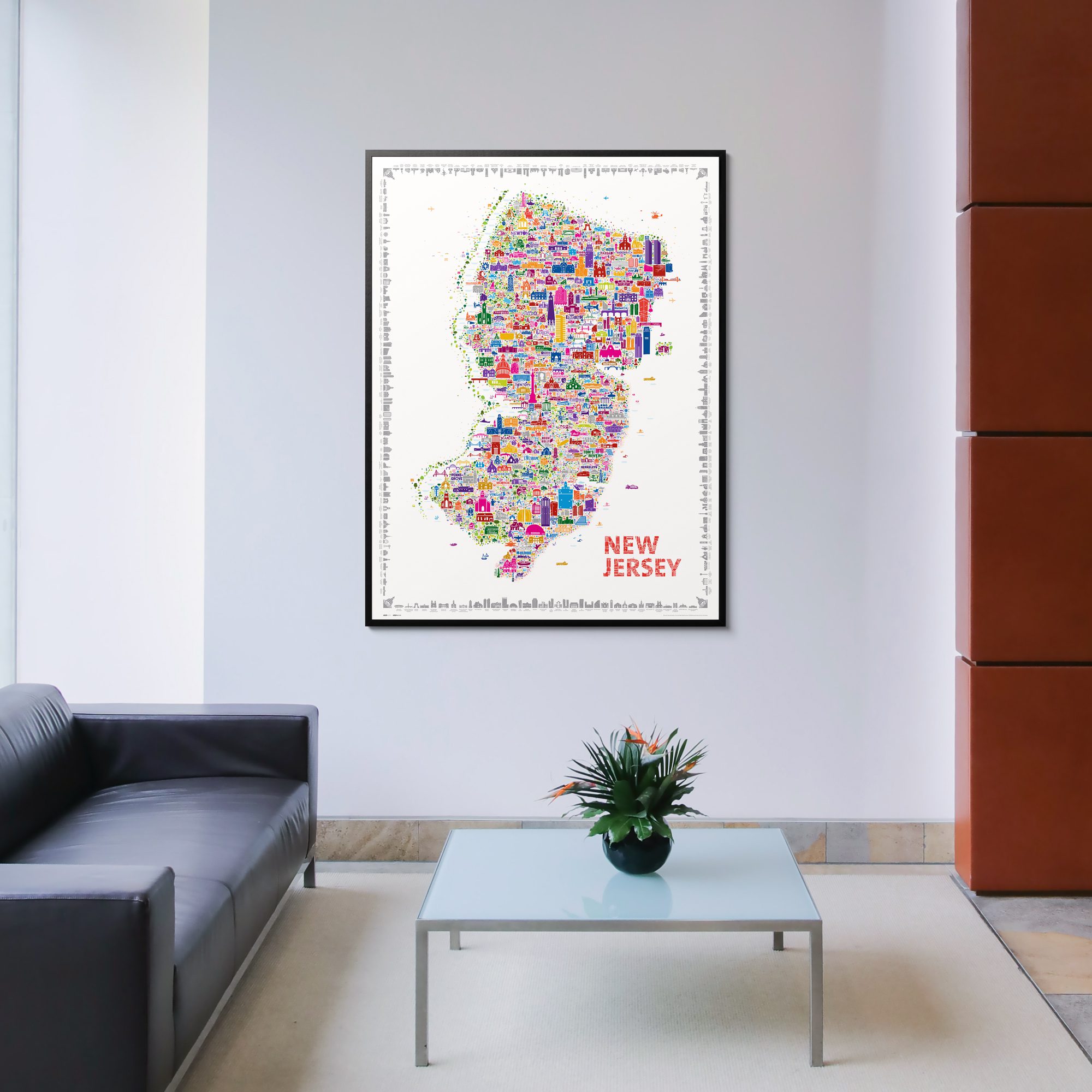 Iconic New Jersey colorful Wall Art Poster – Art Print Map of NJ for Home living room dorm kitchen or Office Wall Décor – Colorful Garden State Landmarks and Legends