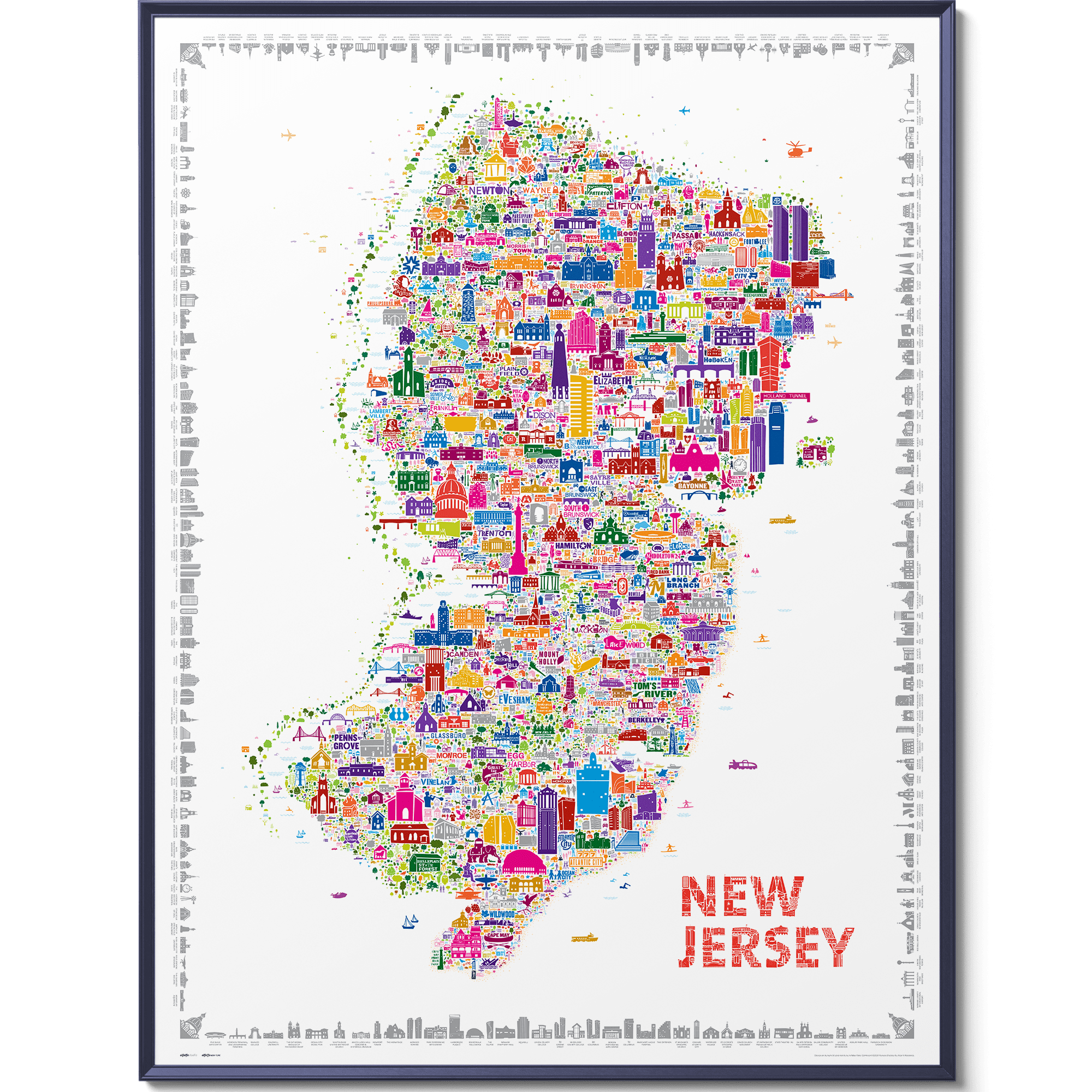 Iconic New Jersey colorful Wall Art Poster – Art Print Map of NJ for Home living room dorm or Office Wall Décor – Colorful Garden State Landmarks and Legends