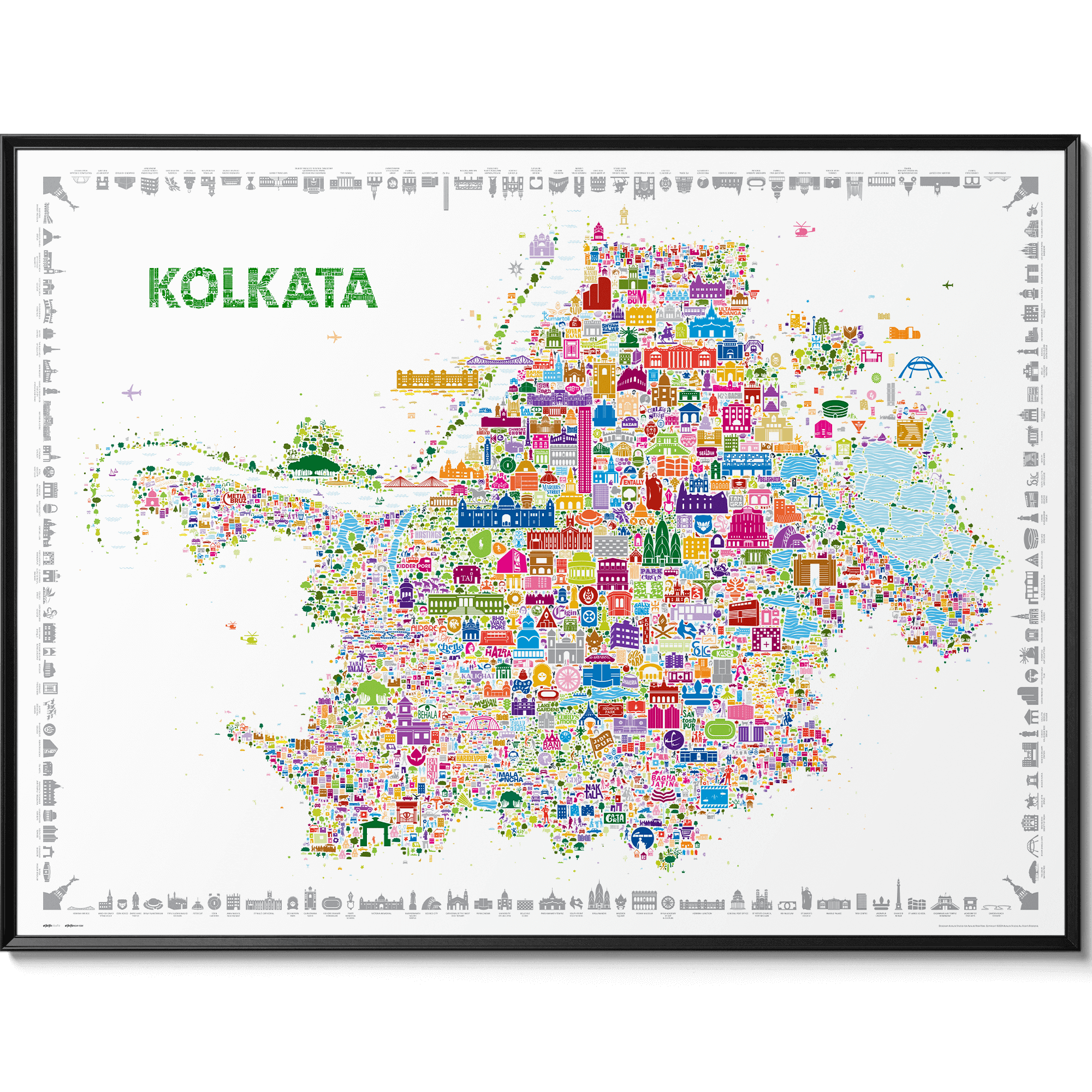Iconic Kolkata Poster in sleek black frame – colorful illustrated map of Calcutta, City of Joy, artistic modern wall art décor, perfect travel souvenir gift for home or office