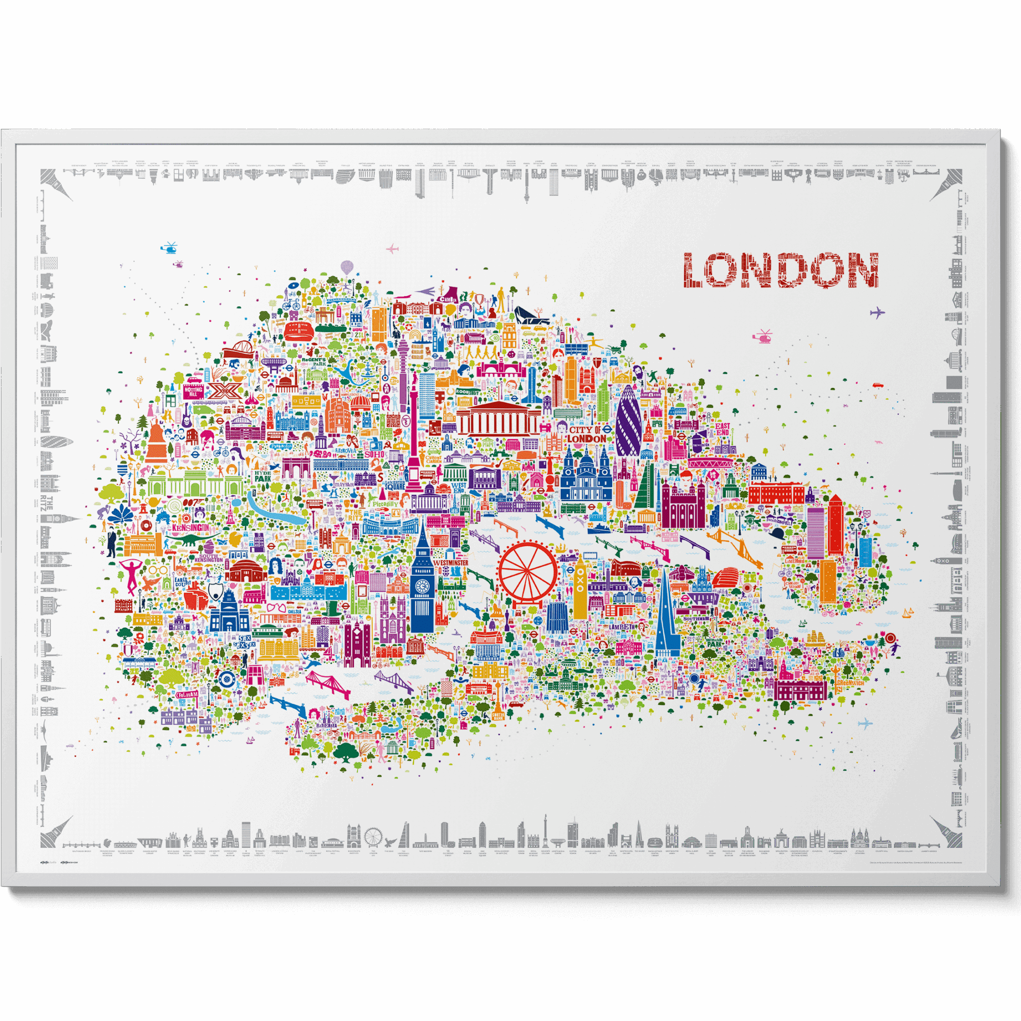 Iconic London Poster – colorful illustrated map of London, also known as The Big Smoke and The Swinging City, shown in a sleek gallery-style white frame on a clean white background; modern designer wall art perfect for home décor, travel lovers, and unique gifts