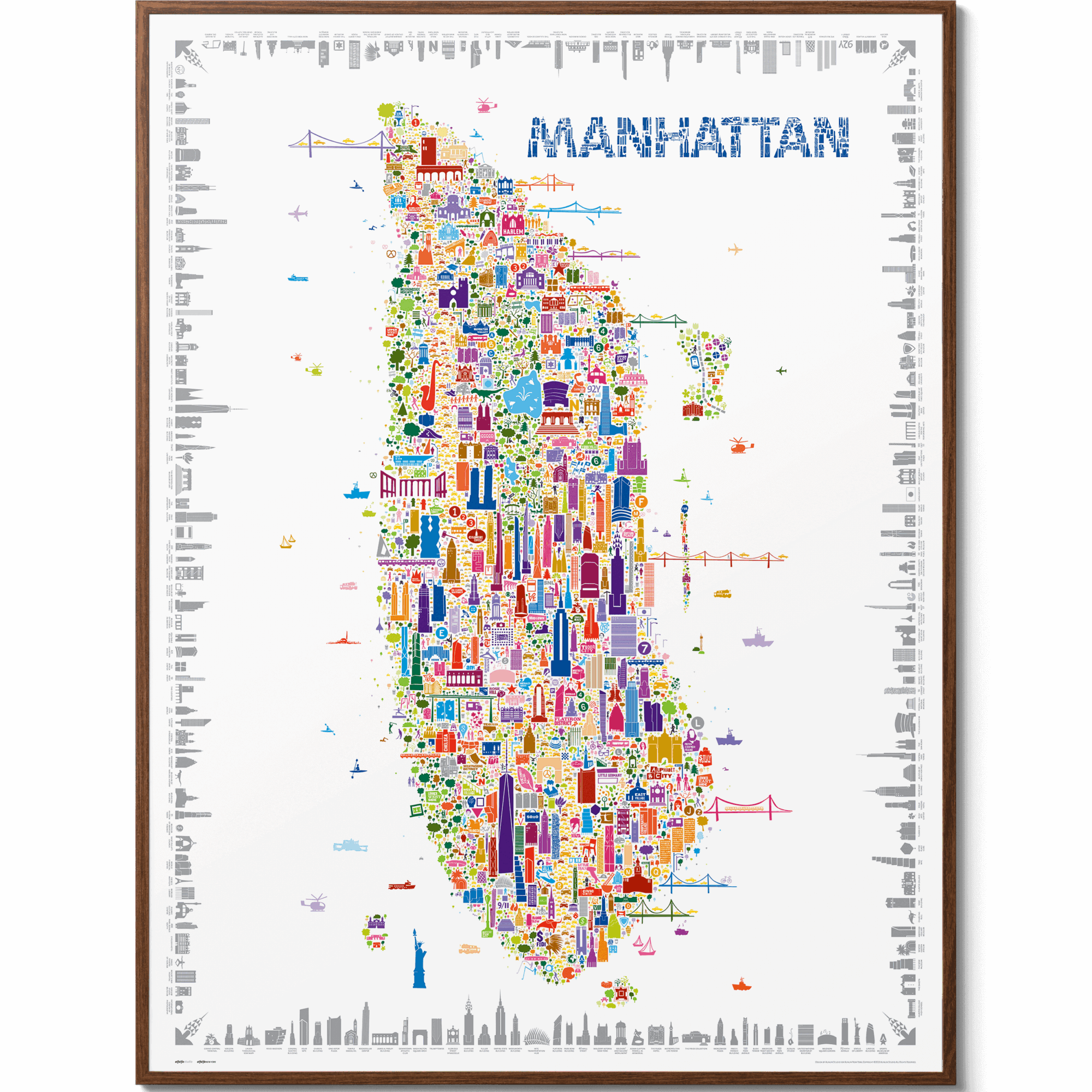 Framed Iconic Manhattan poster in natural wood, displayed on white background. A colorful NYC map print perfect for modern wall decor.