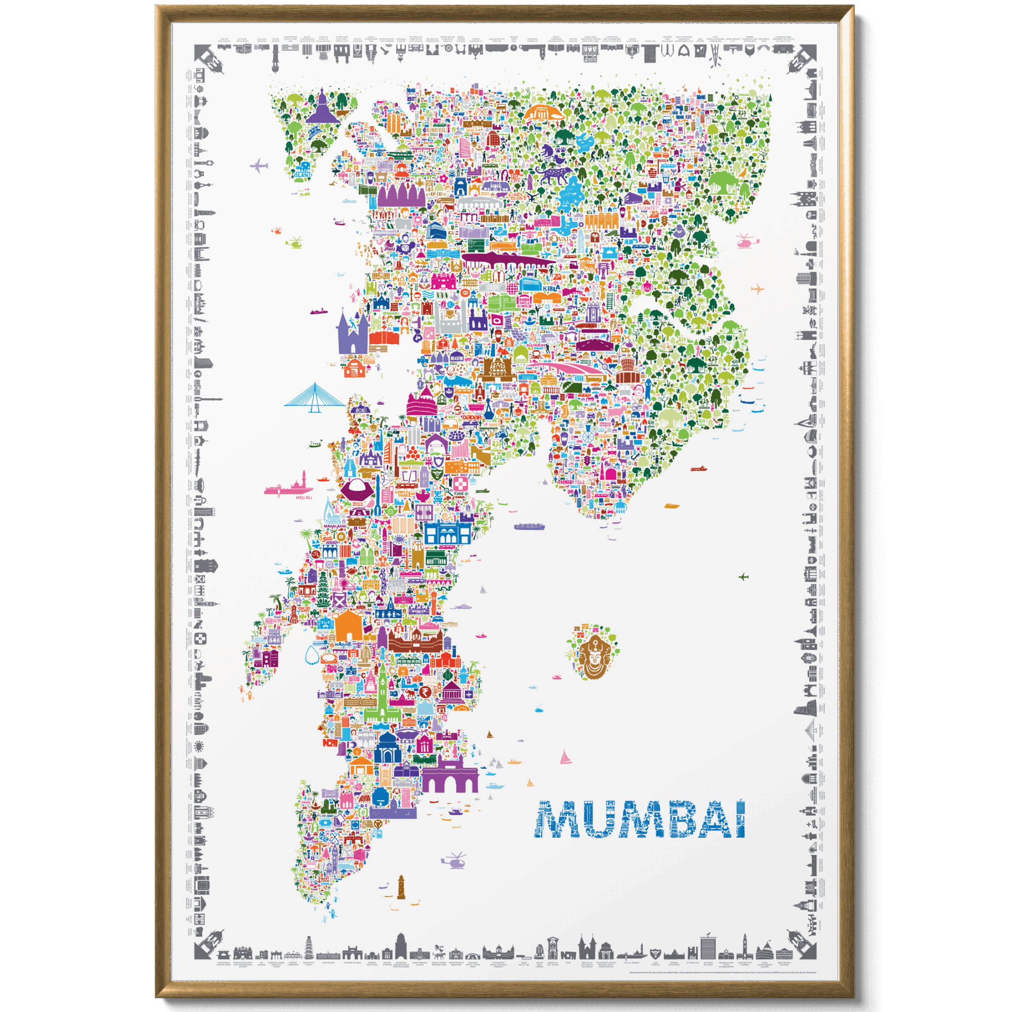 Iconic Mumbai Poster in sleek gold frame, colorful map artwork of Bombay also known as Maximum City, City of Dreams, designer wall art décor and modern home poster print