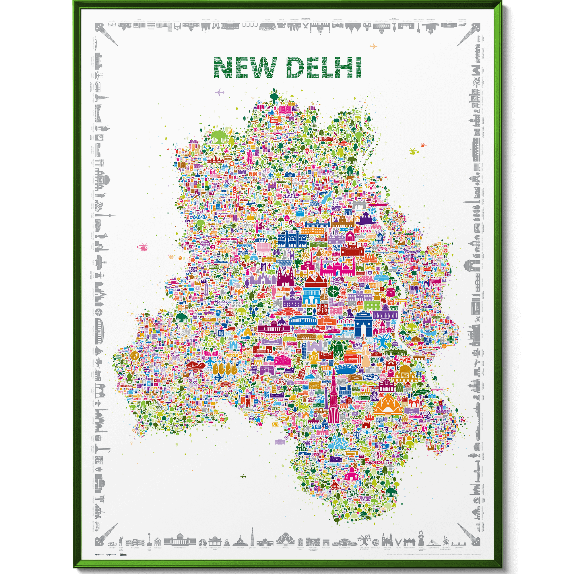 Iconic New Delhi illustrated map poster in a sleek metallic green frame on a white background, colorful modern wall art and décor featuring landmarks of Lutyens’ Delhi and the Capital of India.