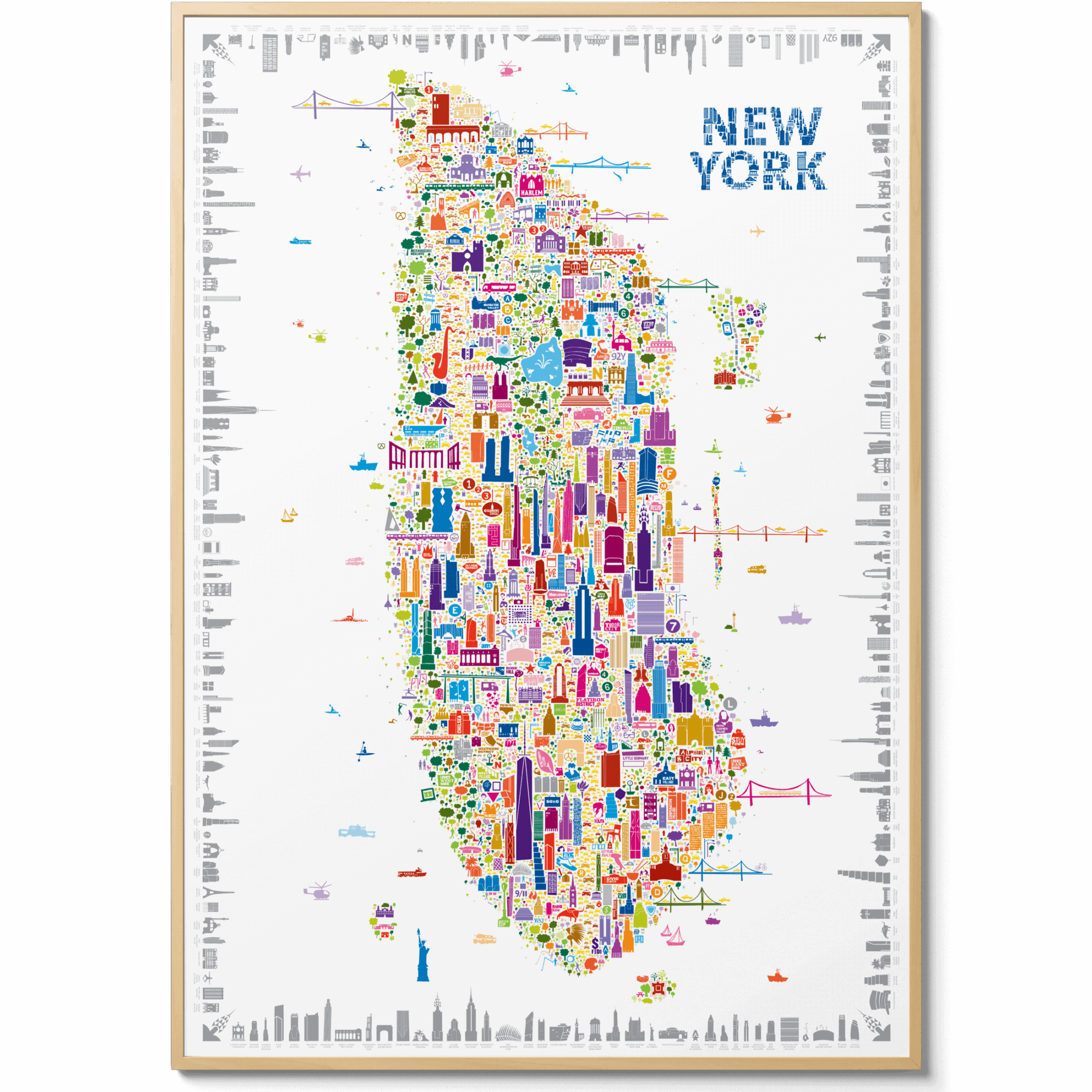 Iconic New York Poster framed in natural wood – a colorful NYC wall art map of The Big Apple, Gotham, and The City That Never Sleeps, perfect modern home décor and travel-inspired artwork.