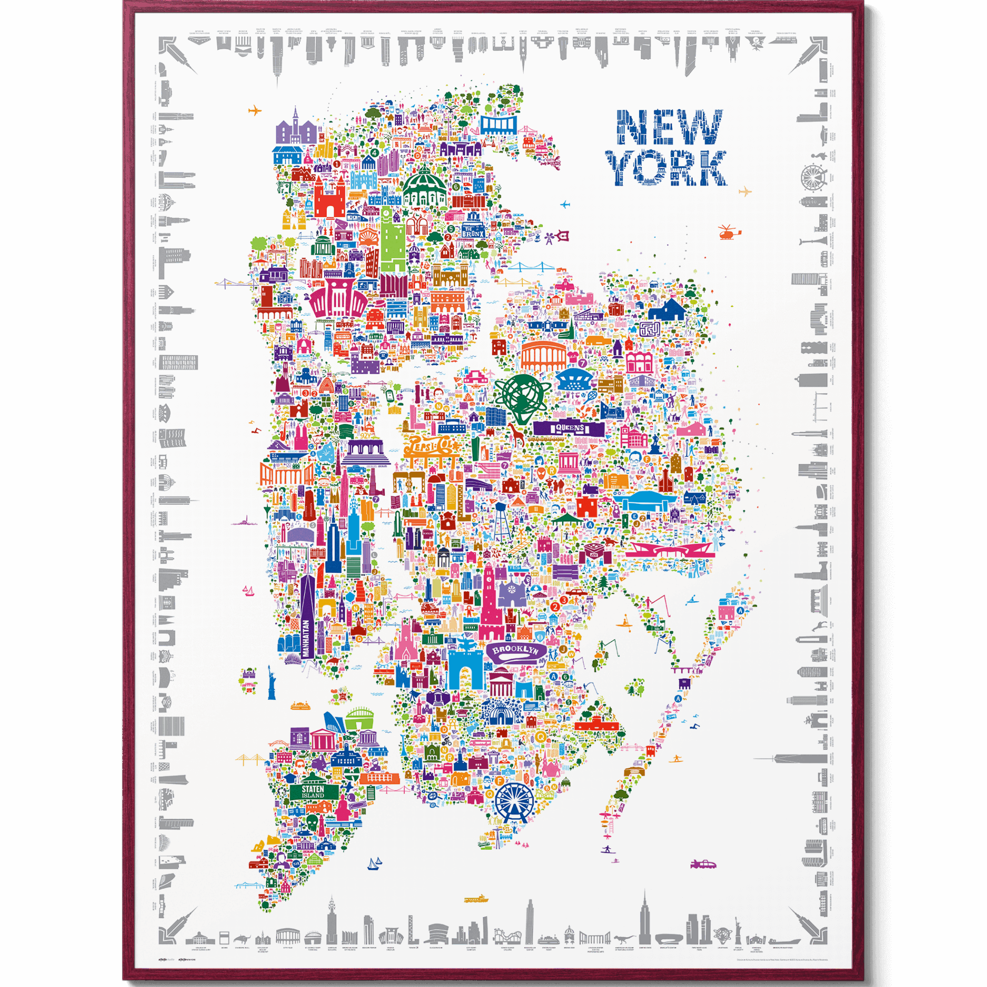 Iconic New York City 5 Boroughs Poster — colorful map print with all boroughs framed in sleek gallery frame, modern NYC wall art decor