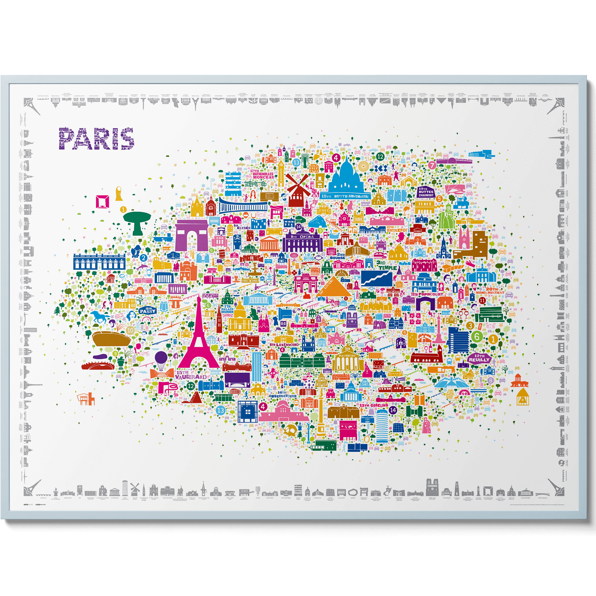 Iconic Paris Poster framed in gallery-style light blue, full view on white background. Colorful city map print of Paris featuring landmarks of the City of Light and the Capital of Romance.
