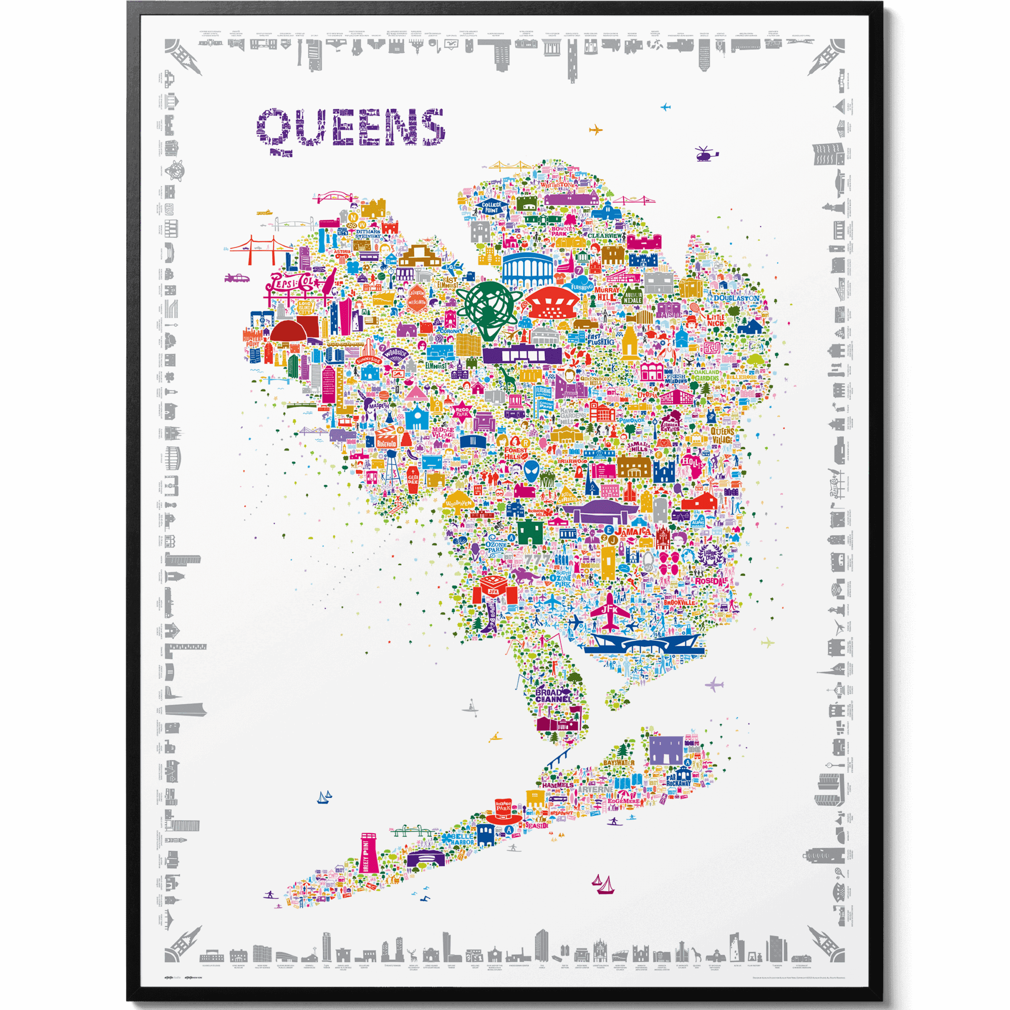 Iconic Queens Poster by Alfalfa New York featuring a colorful illustrated map of Queens, NYC, in a sleek black frame. Trendy, artistic wall art and home décor gift idea.