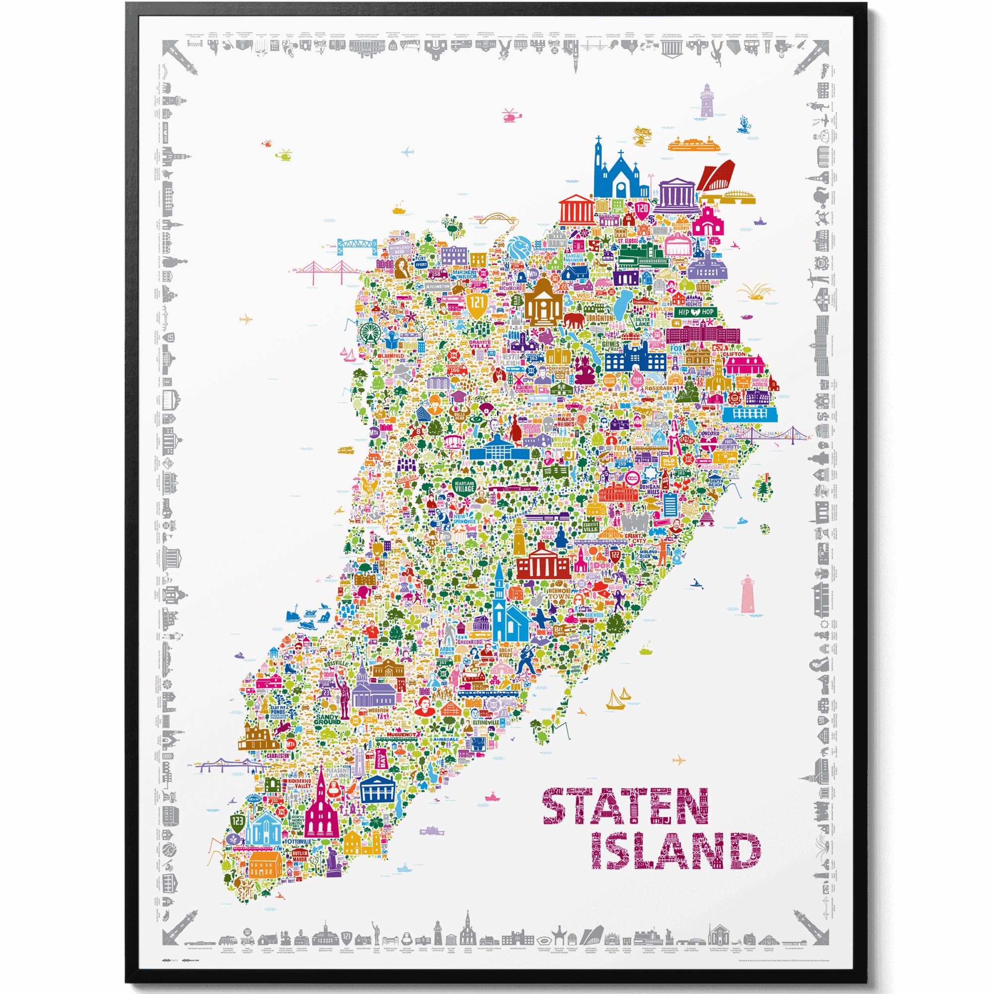 Framed Staten Island poster in sleek black wood frame on white background, featuring colorful illustrated map and borough landmarks.