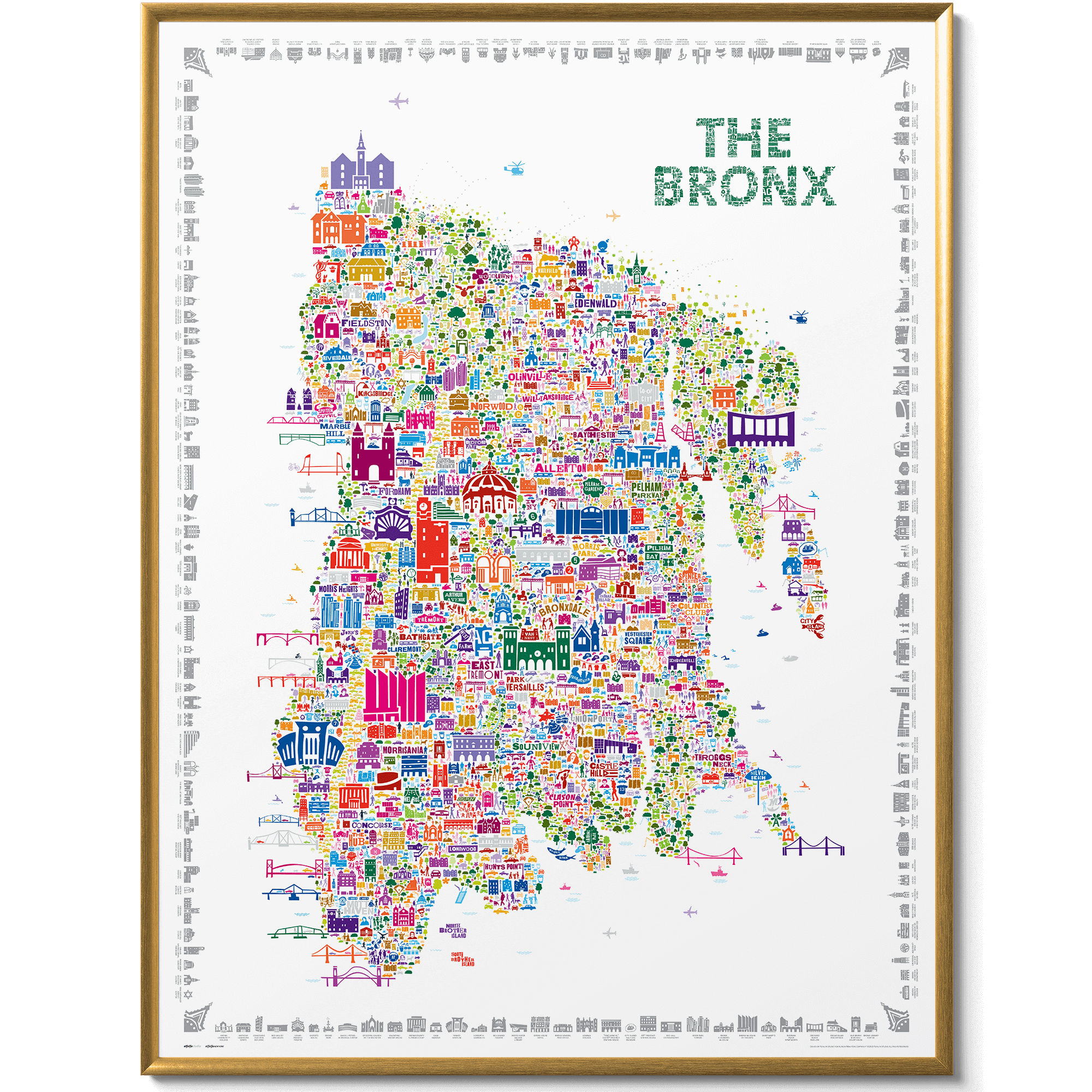 Iconic The Bronx Poster framed in gold, featuring a colorful illustrated map of El Bronx with landmarks, perfect for modern home décor.