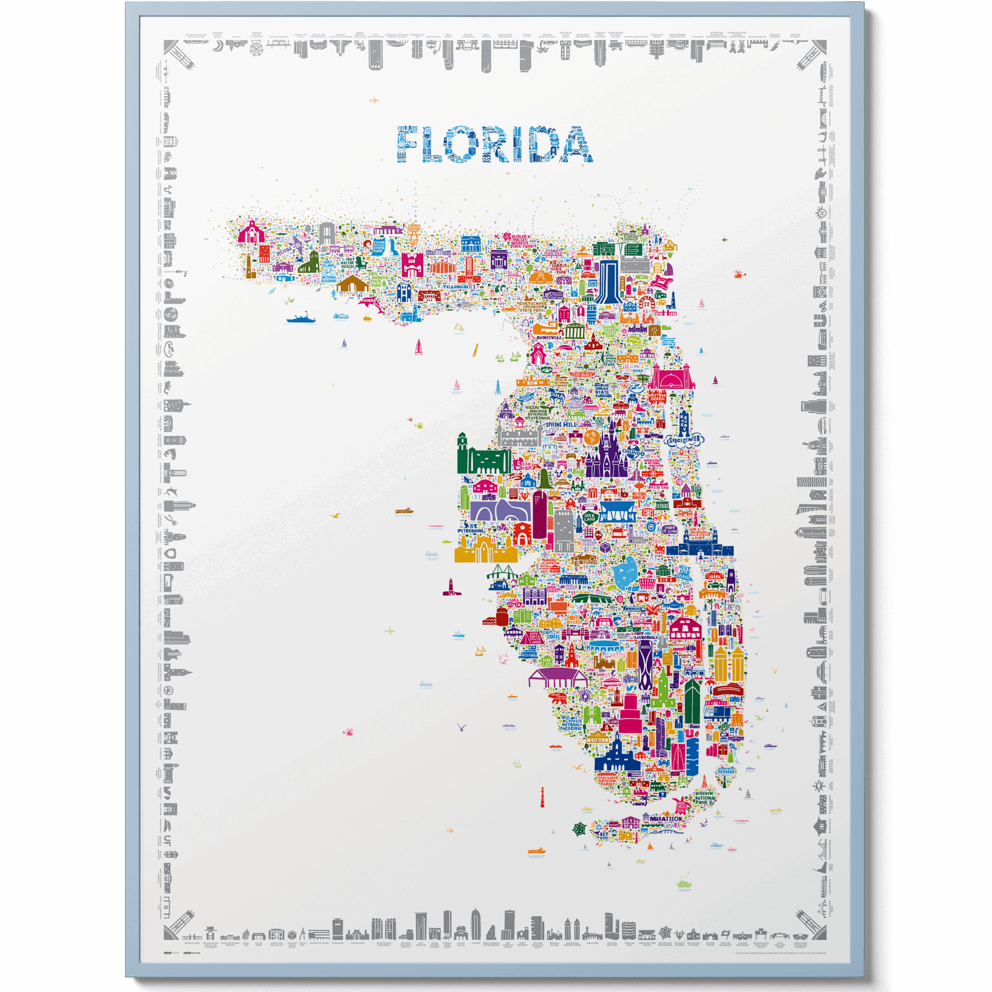 Iconic Florida Poster Map framed in sleek black gallery-style frame – colorful wall art of the Sunshine State featuring 700+ illustrated landmarks and cities.