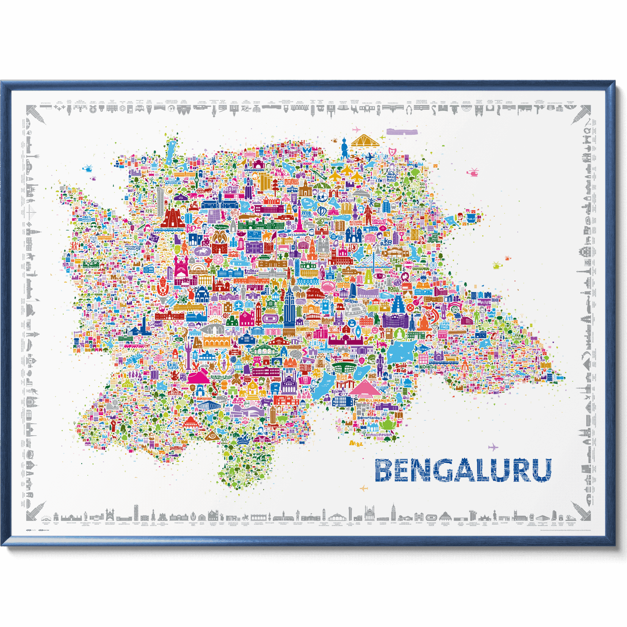 Full view of the Iconic Bengaluru (Bangalore) Map Poster in a sleek navy blue gallery frame on a white background – colorful, detailed city artwork featuring 600+ hand-drawn icons of landmarks, neighborhoods, and cultural treasures of the Garden City of India, Silicon Valley of India, and Pub Capital of India.