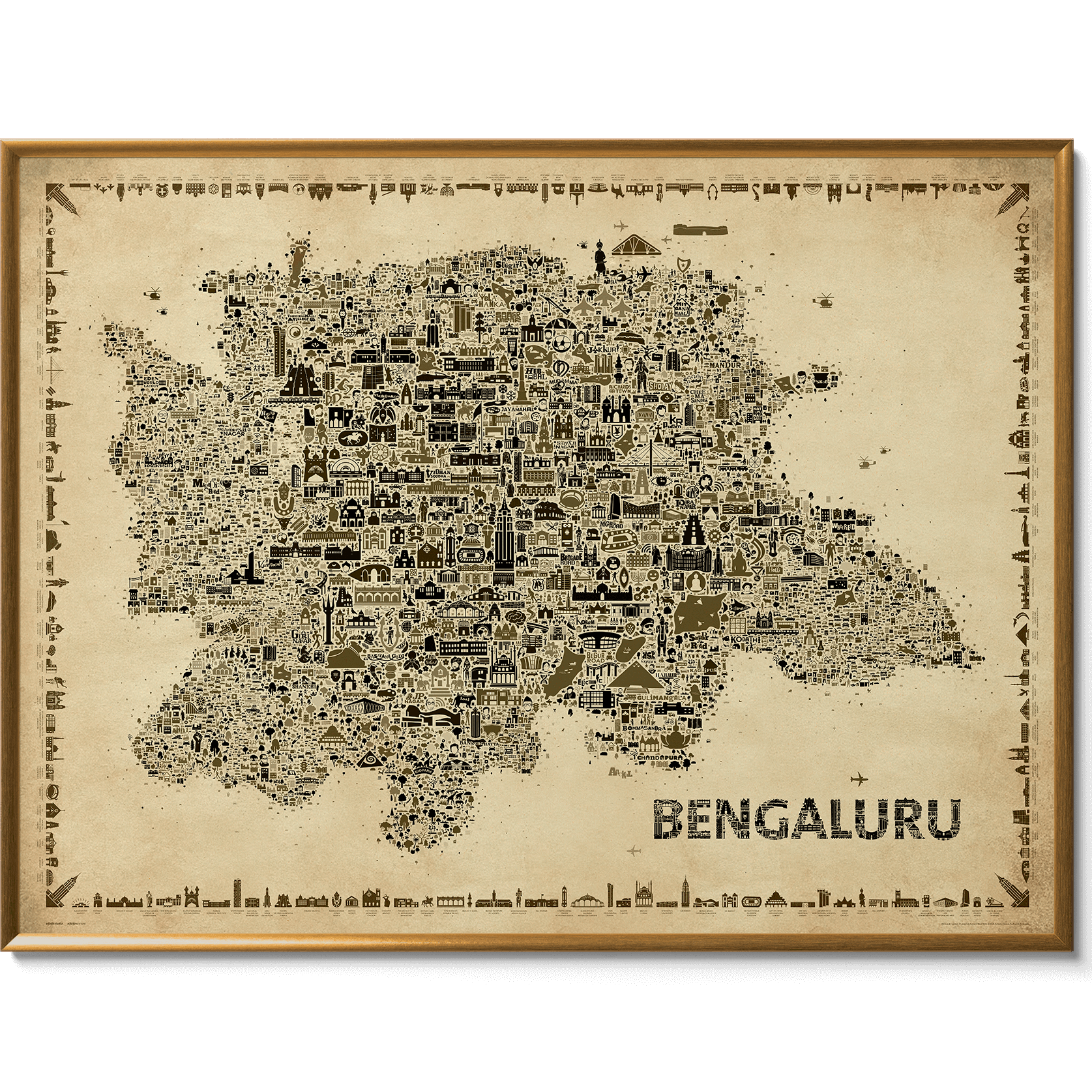 Full view of the Iconic Bengaluru Vintage Map Poster in sepia tones with a sleek golden gallery frame – 600+ hand-drawn icons of Bangalore’s landmarks, markets, temples, and modern sites in antique cartography style.