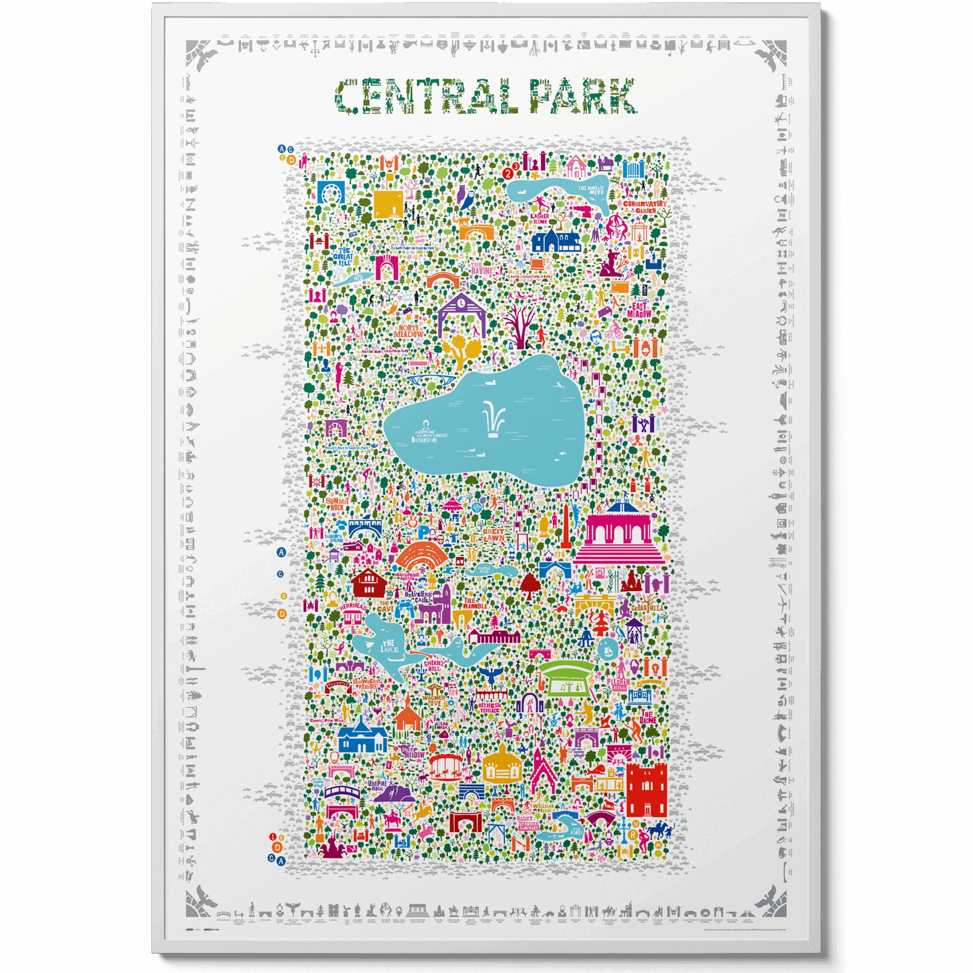 Iconic Central Park Poster – Colorful illustrated map with landmarks, framed in sleek white wood, perfect New York wall art or home décor