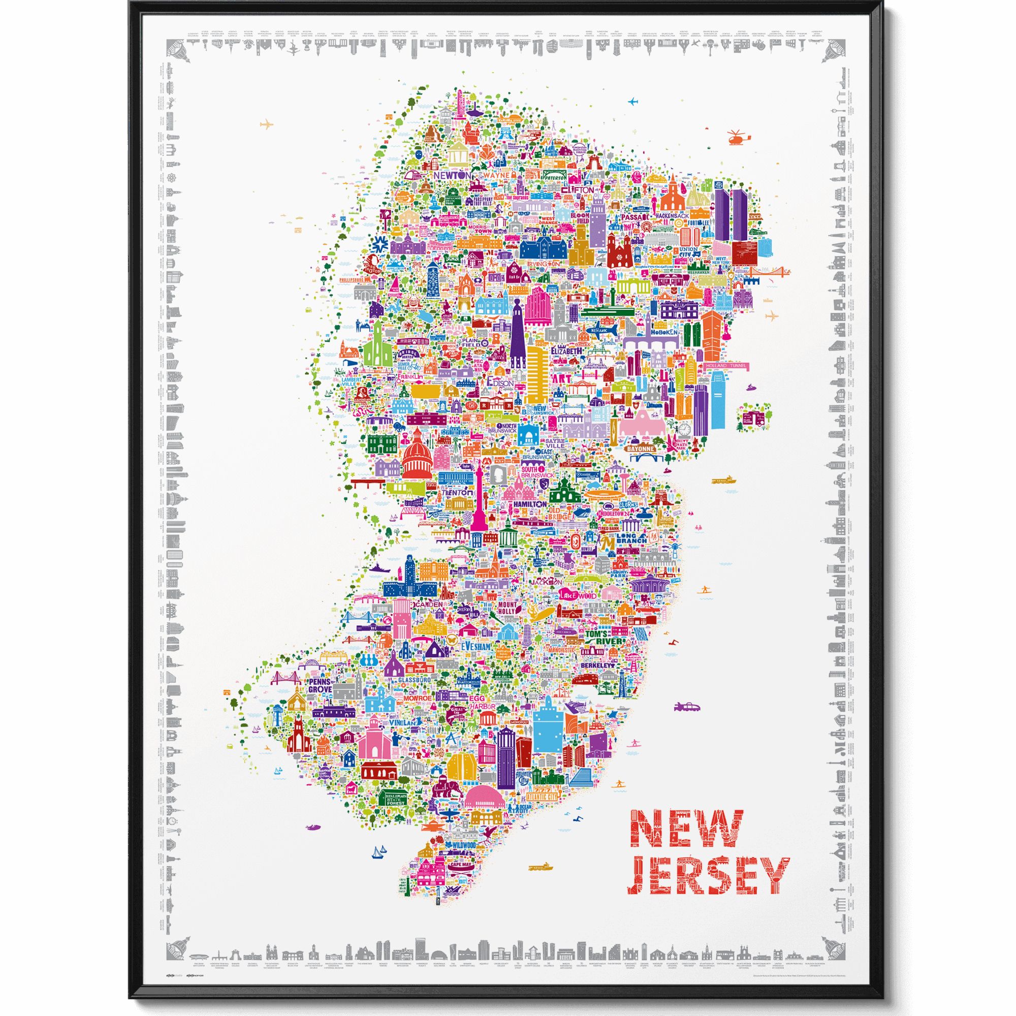Iconic New Jersey Poster Map framed in sleek black wood – colorful designer wall art of NJ landmarks, towns, and tourist attractions
