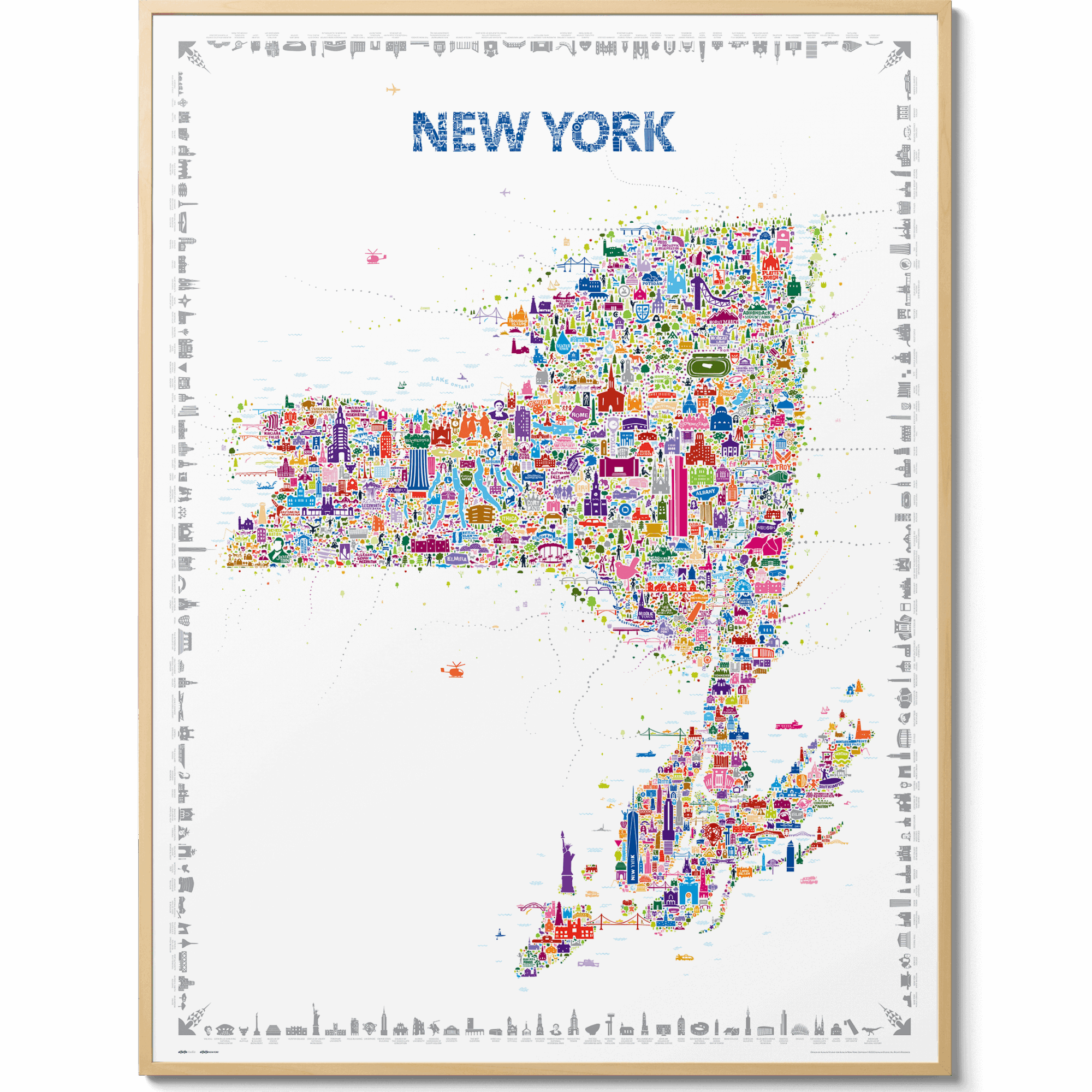 Iconic New York State Poster Map framed in natural wood on a white background. Colorful illustrated artwork featuring the full state—from Niagara Falls to Montauk, including New York City, the Adirondacks, Finger Lakes, Catskills, Albany, Buffalo, Syracuse, Rochester, and more. Aesthetic travel map print designed for modern home décor.