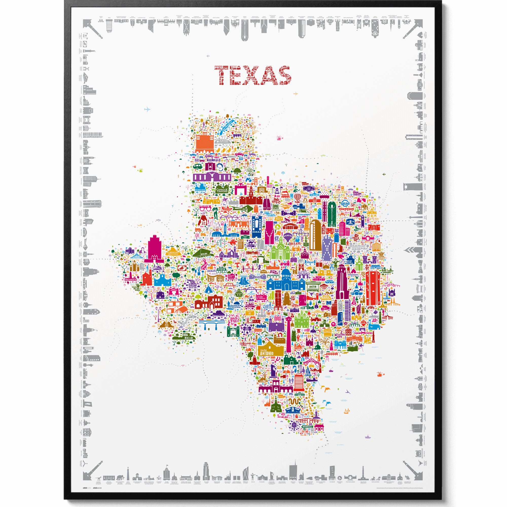 Iconic Texas Poster Map framed in sleek dark wood – colorful illustrated wall art of the Lone Star State with detailed landmarks, cities, flora, fauna, and more.